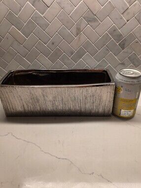 Modern Metallic Silver Ceramic Trough Planter – Textured Rectangular Centerpiece